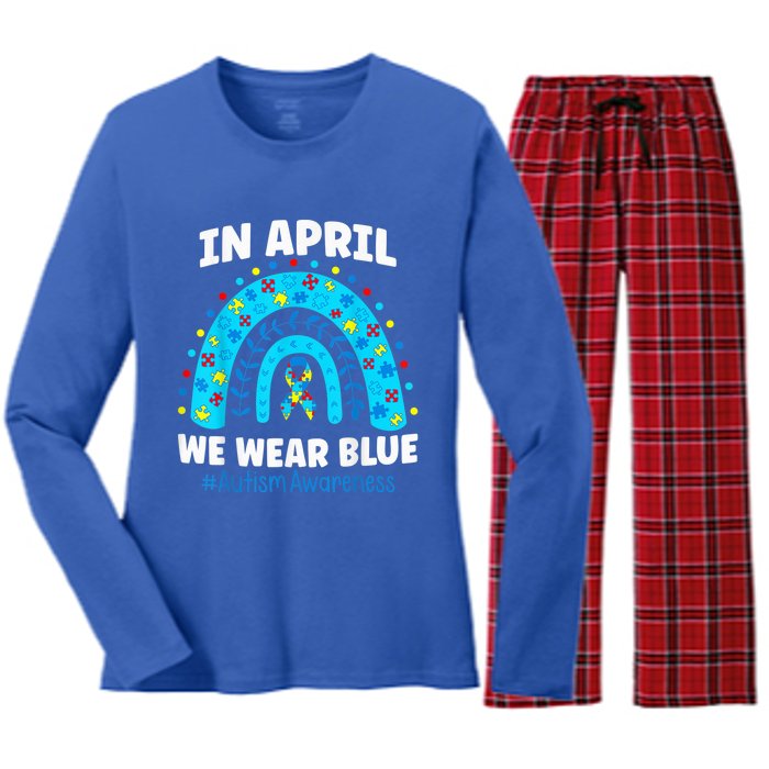 In April We Wear Blue Rainbow Autism Awareness Month Be Kind Women's Long Sleeve Flannel Pajama Set 