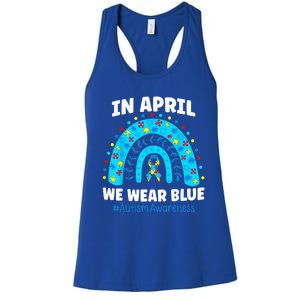 In April We Wear Blue Rainbow Autism Awareness Month Be Kind Women's Racerback Tank