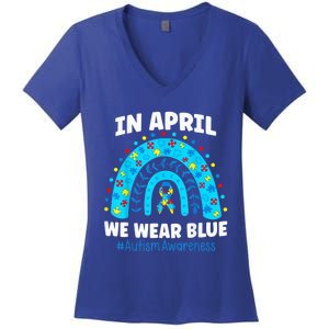 In April We Wear Blue Rainbow Autism Awareness Month Be Kind Women's V-Neck T-Shirt