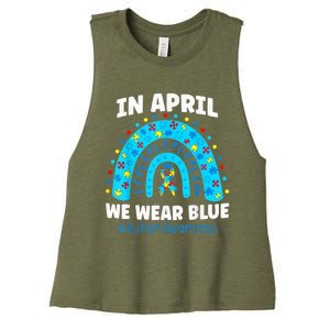 In April We Wear Blue Rainbow Autism Awareness Month Be Kind Women's Racerback Cropped Tank