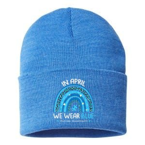 In April We Wear Blue Rainbow Autism Awareness Month Shirt Sustainable Knit Beanie