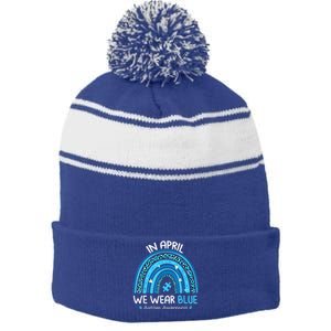 In April We Wear Blue Rainbow Autism Awareness Month Shirt Stripe Pom Pom Beanie