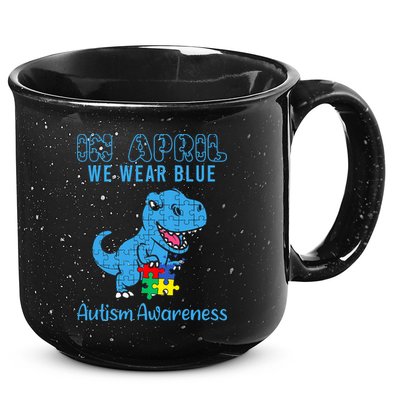 In April We Wear Blue Autism Awareness Month Dinosaur 15oz Campfire Ceramic Mug