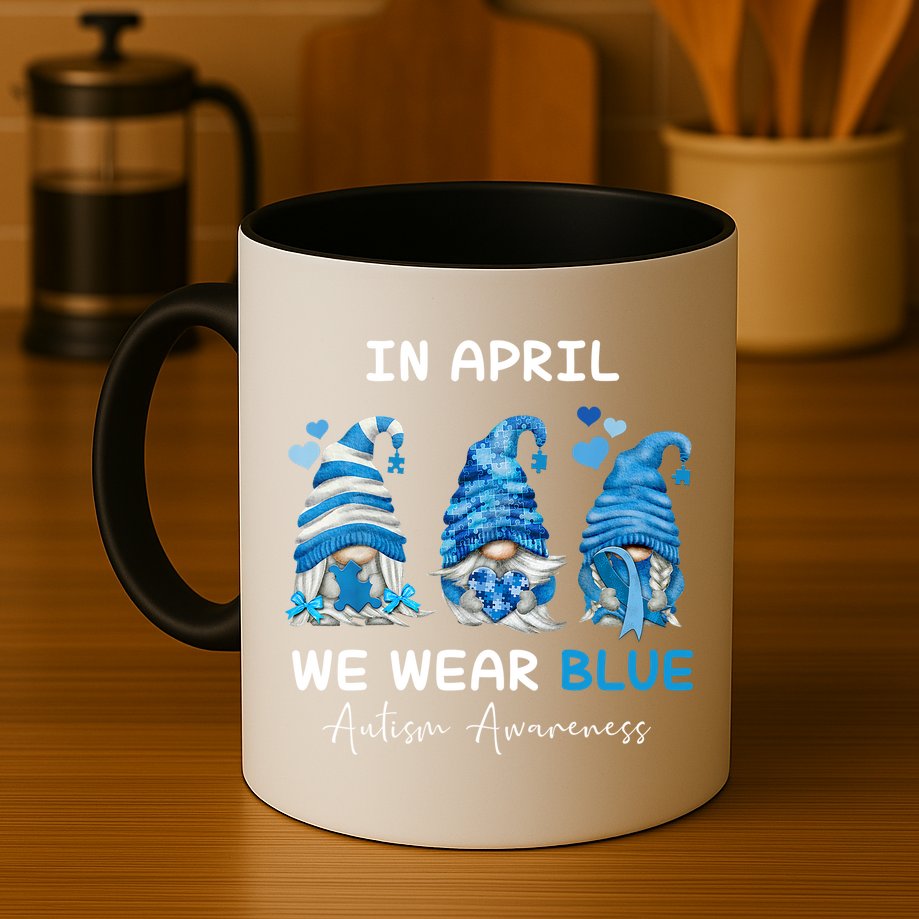In April We Wear Blue Autism Awareness With Gnome Mug
