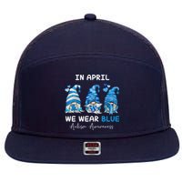 In April We Wear Blue Autism Awareness With Gnome 7 Panel Mesh Trucker Snapback Hat
