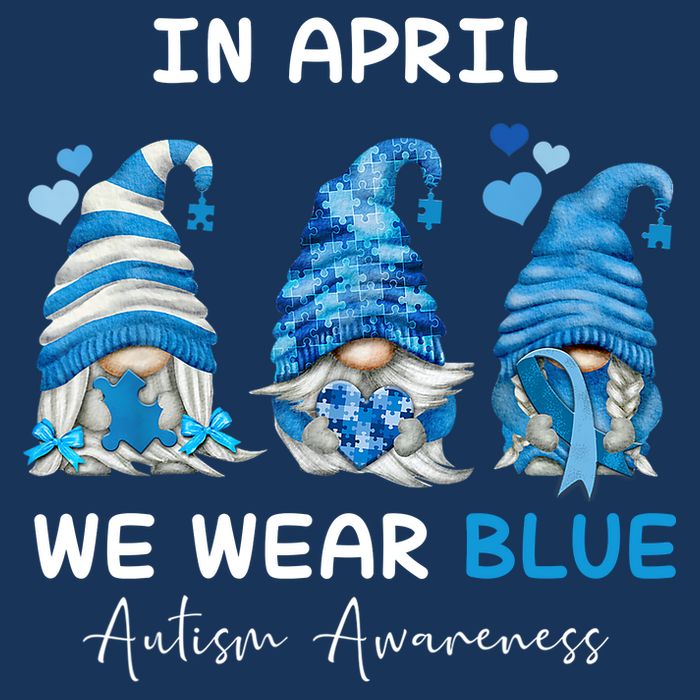 In April We Wear Blue Autism Awareness With Gnome 7 Panel Mesh Trucker Snapback Hat