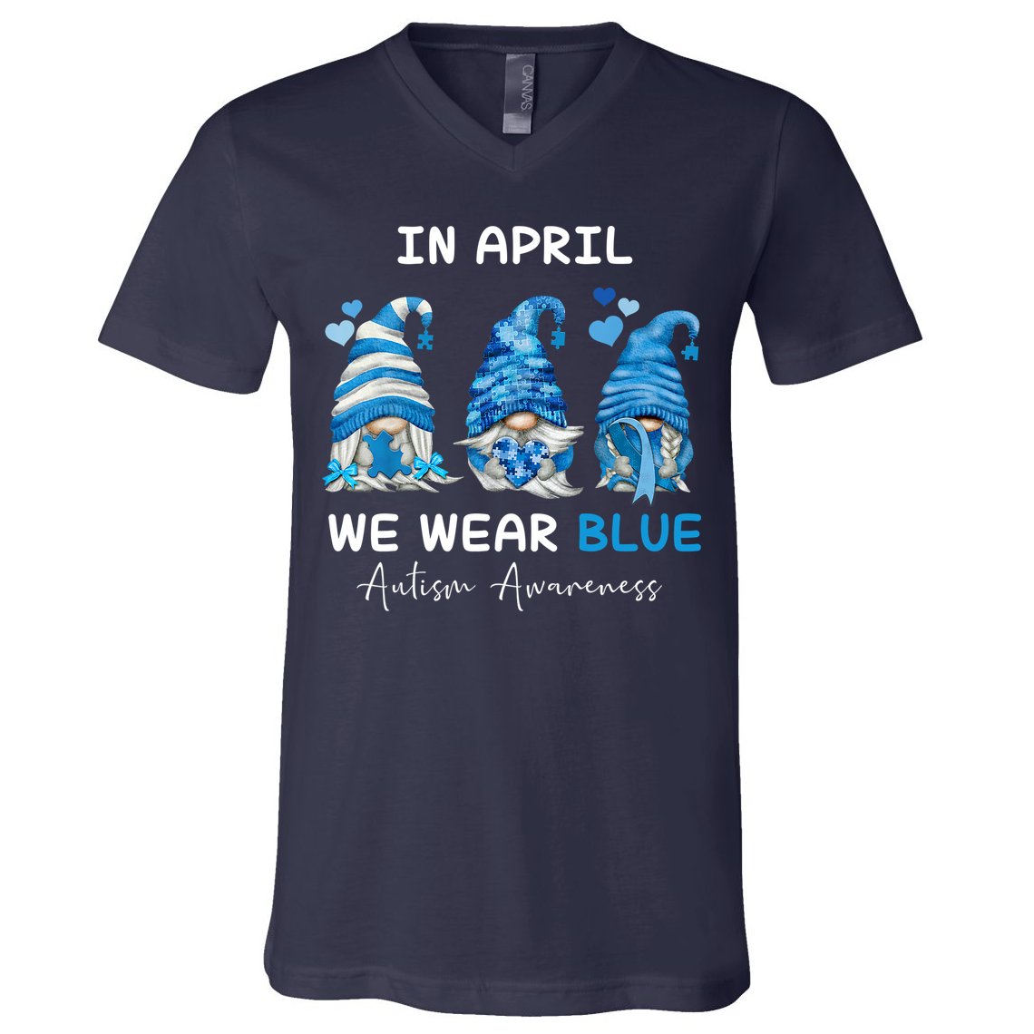 In April We Wear Blue Autism Awareness With Gnome V-Neck T-Shirt