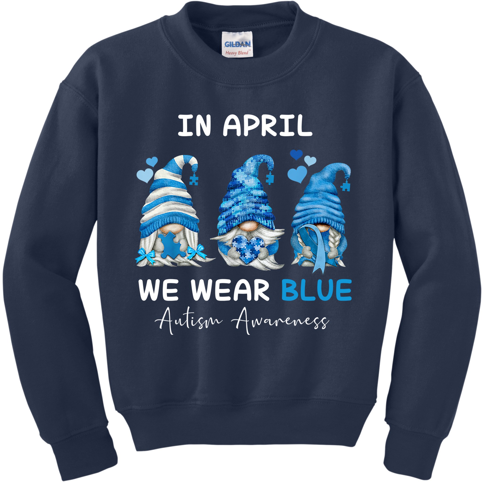In April We Wear Blue Autism Awareness With Gnome Kids Sweatshirt