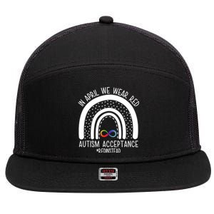 In April We Wear Red Autism Acceptance Red Instead Rainbow 7 Panel Mesh Trucker Snapback Hat