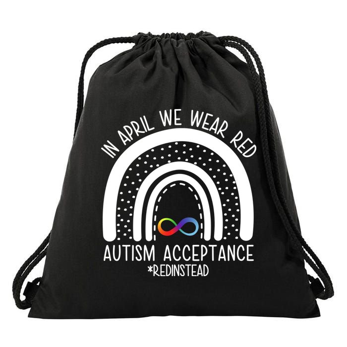 In April We Wear Red Autism Acceptance Red Instead Rainbow Drawstring Bag