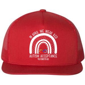 In April We Wear Red Autism Acceptance Red Instead Rainbow Flat Bill Trucker Hat