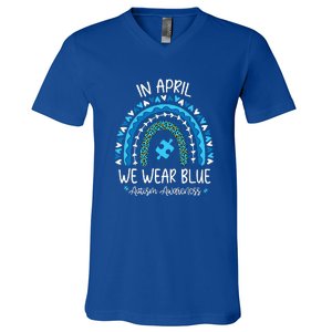 In April We Wear Blue Rainbow Autism Awareness Month V-Neck T-Shirt