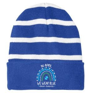 In April We Wear Blue Rainbow Autism Awareness Month Striped Beanie with Solid Band