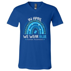 In April We Wear Blue Rainbow Autism Awareness Month Shirt V-Neck T-Shirt