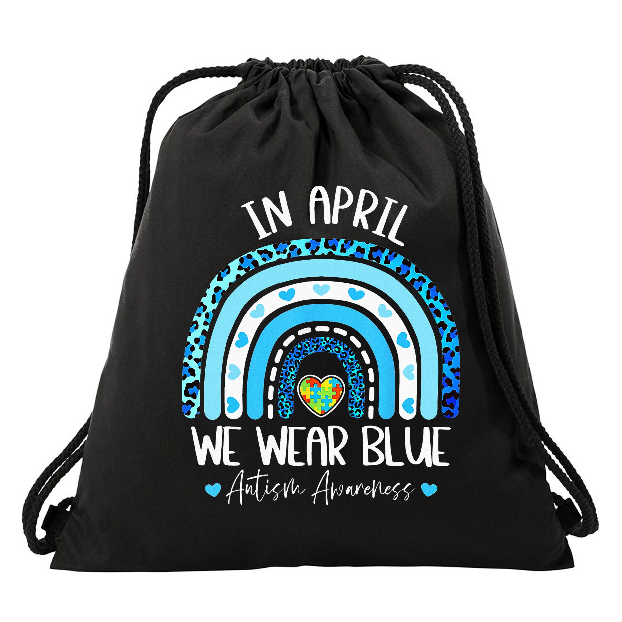 In April We Wear Blues Autism Awareness Month Drawstring Bag