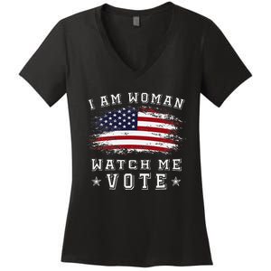 I Am Woman Watch Me Vote American Flag Women's V-Neck T-Shirt