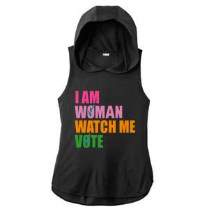 I Am Woman Watch Me Vote Ladies PosiCharge Tri-Blend Wicking Draft Hoodie Tank