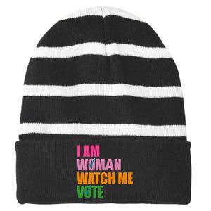 I Am Woman Watch Me Vote Striped Beanie with Solid Band