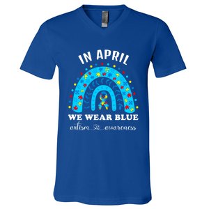 In April We Wear Blue Autism Awareness Month Blue Rainbow Great Gift V-Neck T-Shirt