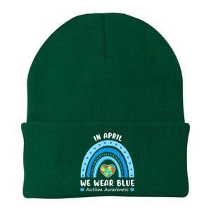 In April We Wear Blue Rainbow Gift Autism Awareness Month Cool Gift Knit Cap Winter Beanie