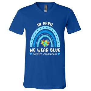 In April We Wear Blue Rainbow Gift Autism Awareness Month Cool Gift V-Neck T-Shirt