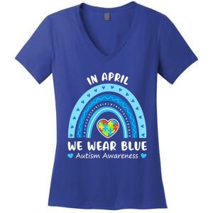 In April We Wear Blue Rainbow Gift Autism Awareness Month Cool Gift Women's V-Neck T-Shirt