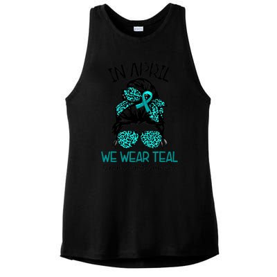 In April We Wear Teal Sexual Assault Awareness Messy Bun Gift Ladies PosiCharge Tri-Blend Wicking Tank