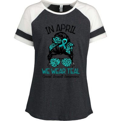 In April We Wear Teal Sexual Assault Awareness Messy Bun Gift Enza Ladies Jersey Colorblock Tee