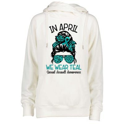 In April We Wear Teal Sexual Assault Awareness Messy Bun Gift Womens Funnel Neck Pullover Hood