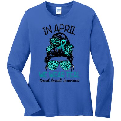 In April We Wear Teal Sexual Assault Awareness Messy Bun Gift Ladies Long Sleeve Shirt