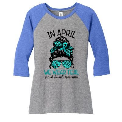 In April We Wear Teal Sexual Assault Awareness Messy Bun Gift Women's Tri-Blend 3/4-Sleeve Raglan Shirt