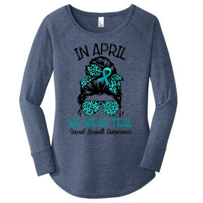 In April We Wear Teal Sexual Assault Awareness Messy Bun Gift Women's Perfect Tri Tunic Long Sleeve Shirt