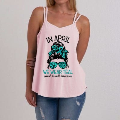 In April We Wear Teal Sexual Assault Awareness Messy Bun Gift Women's Strappy Tank