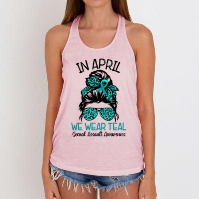 In April We Wear Teal Sexual Assault Awareness Messy Bun Gift Women's Knotted Racerback Tank