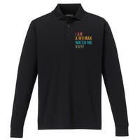 I Am Woman Watch Me Vote Vintage Performance Long Sleeve Polo