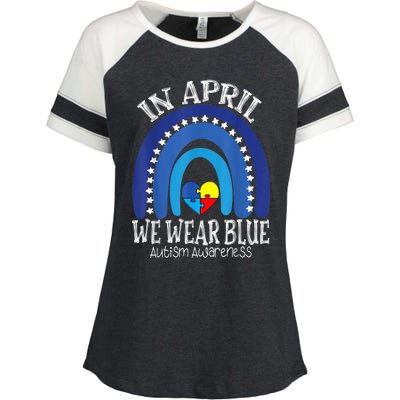 In April We Wear Blue Autism Awareness Puzzle Rainbow Heart Enza Ladies Jersey Colorblock Tee