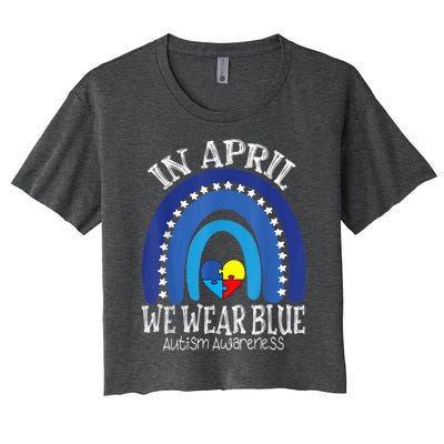 In April We Wear Blue Autism Awareness Puzzle Rainbow Heart Women's Crop Top Tee