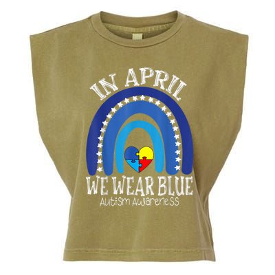 In April We Wear Blue Autism Awareness Puzzle Rainbow Heart Garment-Dyed Women's Muscle Tee