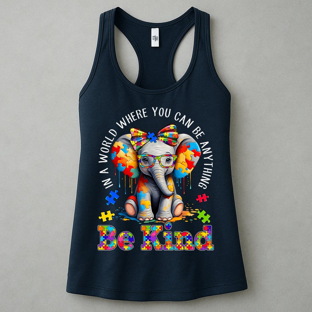In A World Where You Can Be Anything Be Kind Autism Elephant Womens Tank Top