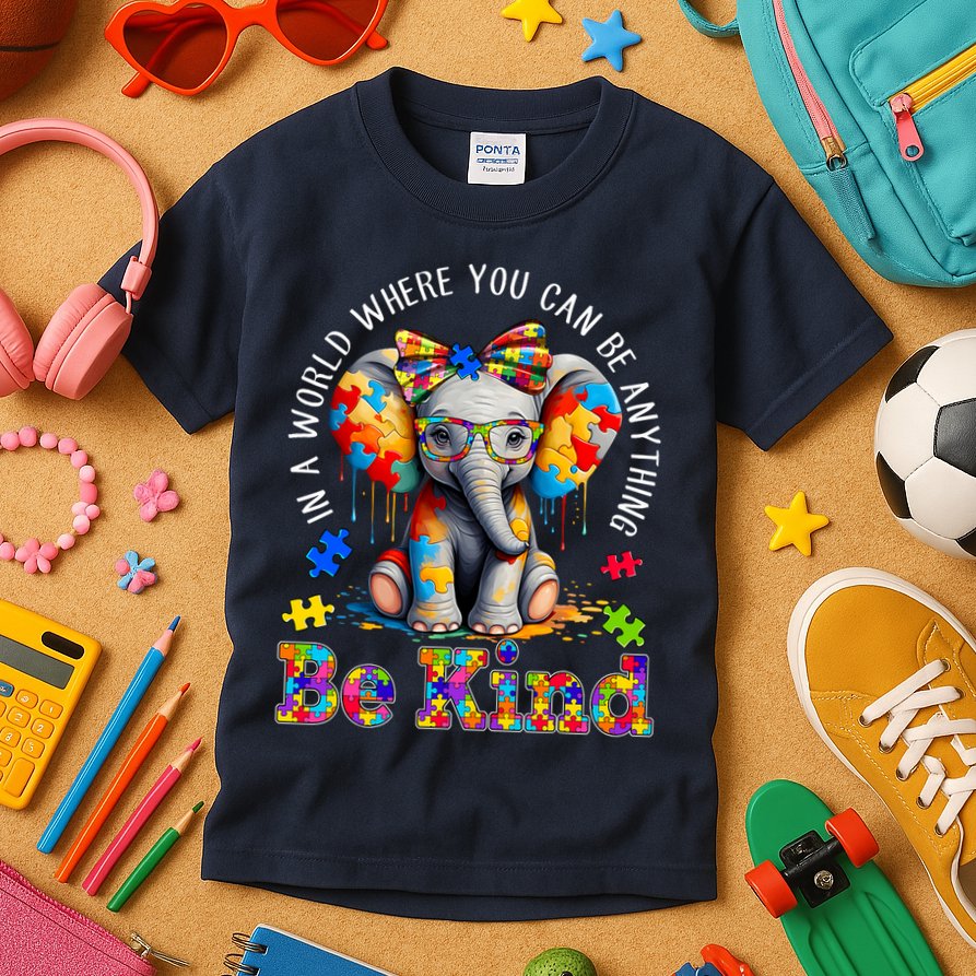 In A World Where You Can Be Anything Be Kind Autism Elephant Kids T-Shirt