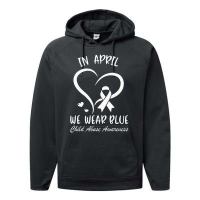 In April We Wear Blue Child Abuse Prevention Awareness Heart Performance Fleece Hoodie