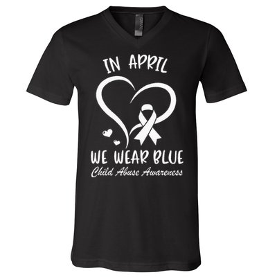 In April We Wear Blue Child Abuse Prevention Awareness Heart V-Neck T-Shirt