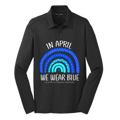 In April We Wear Blue Child Abuse Prevention Awareness Silk Touch Performance Long Sleeve Polo