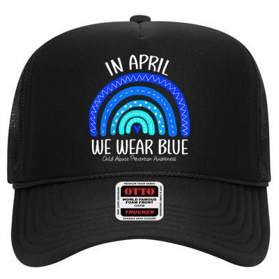 In April We Wear Blue Child Abuse Prevention Awareness High Crown Mesh Back Trucker Hat