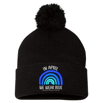 In April We Wear Blue Child Abuse Prevention Awareness Pom Pom 12in Knit Beanie