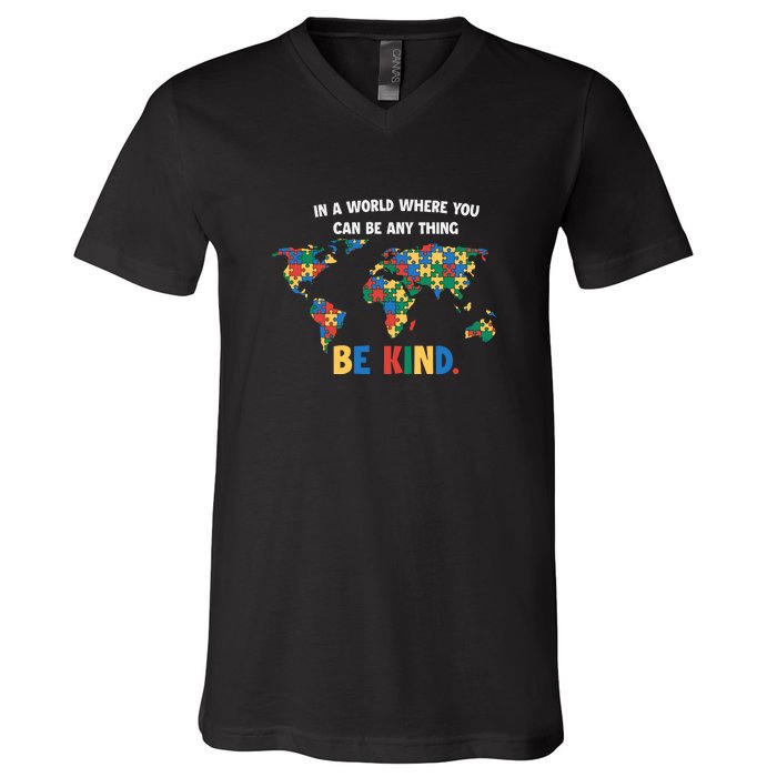 In A World Where You An Be Anything Be Kind Autism Awareness Puzzle V-Neck T-Shirt