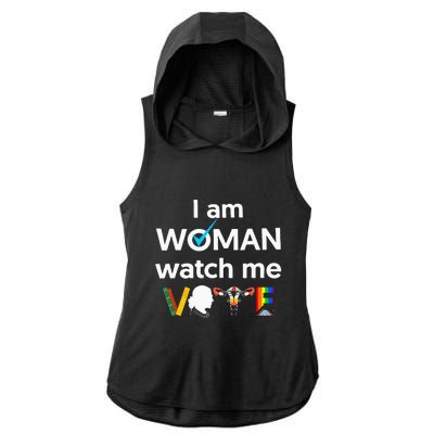 I Am Woman Watch Me Vote Ladies PosiCharge Tri-Blend Wicking Draft Hoodie Tank