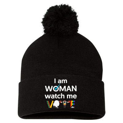 I Am Woman Watch Me Vote Pom Pom 12in Knit Beanie