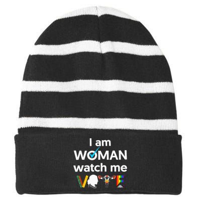 I Am Woman Watch Me Vote Striped Beanie with Solid Band