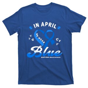 In April We Wear Blue Ribbon Heart Puzzle Autism Awareness Gift T-Shirt